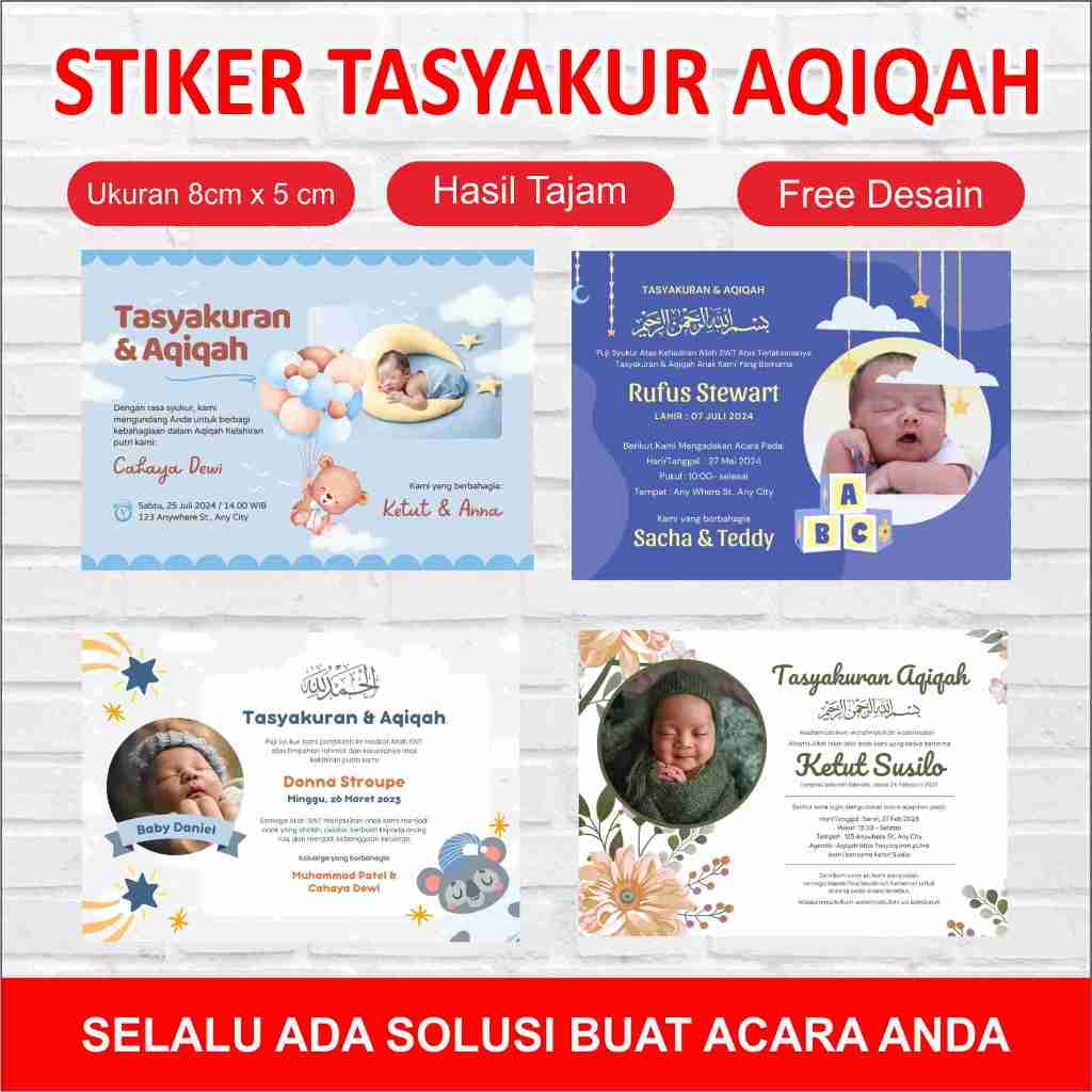

Stiker Aqiqah Bayi, Desain Modern Sticker Tasyakuran Aqiqah / Kelahiran / Tedak Siten / Selapan. DLL BAHAN STIKER
