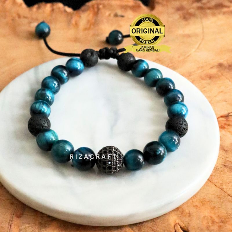 Gelang SOCIO BRACELET Batu Akik Alam Kristal Blue Tiger Eye Biru Zirconia Asli Pria Wanita