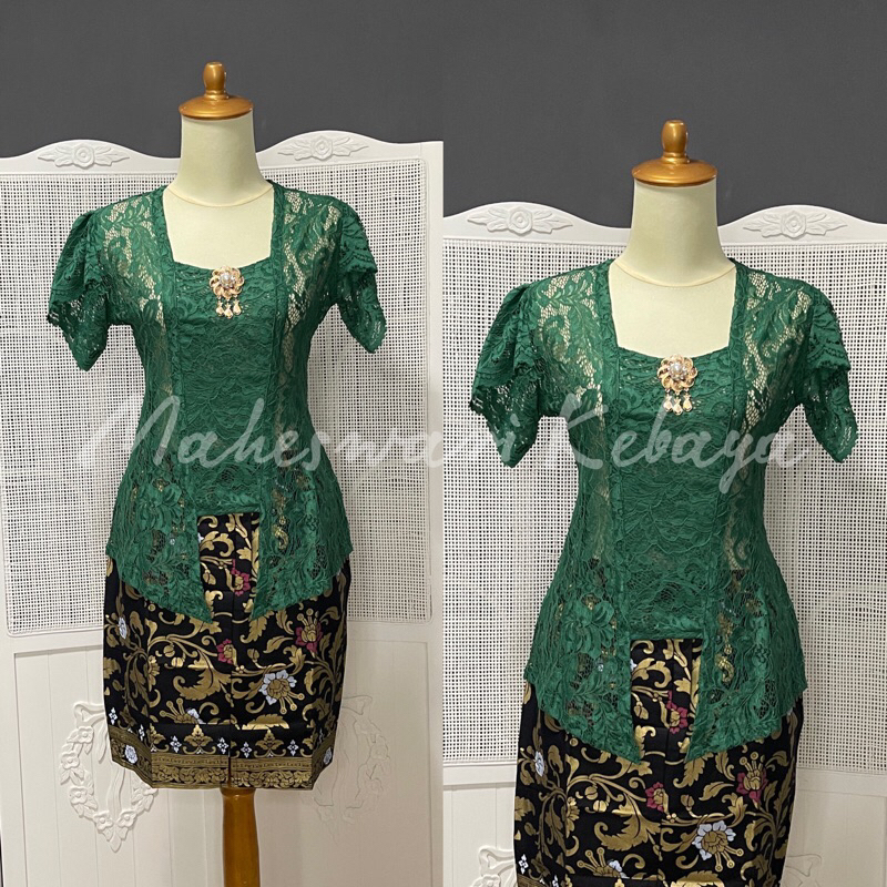 Kebaya Bali Set Brukat Lilit Hijau Botol Rok Pendek