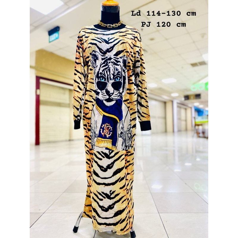 Dress Bludru velvet motif leopard macan Ld 114-130 cm Pjg 120 cm lengan panjang