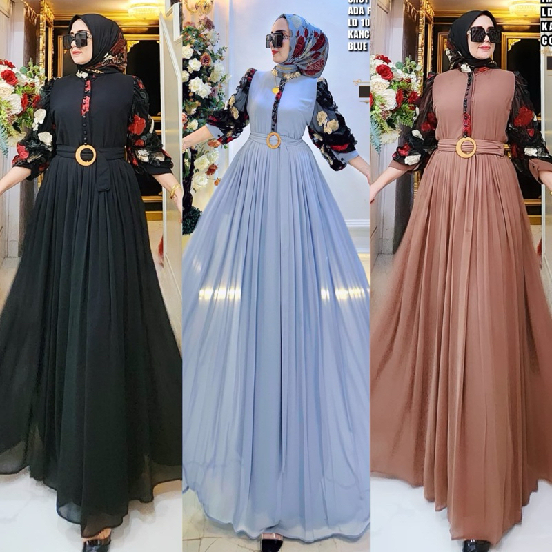 " BY SHR NEW " MAXI DRESS CERUTY GELOMBANG HARAPAN CINTA LENGAN BORDIR BY.SHR // GAMIS SHR ORI// GAM