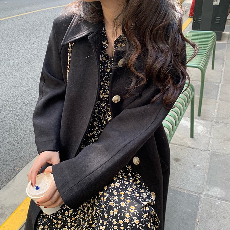 New Fashion Warna Sifon Bunga White Black Midi Dress Korea Lengan Panjang