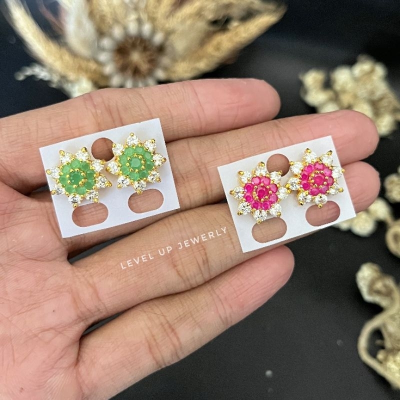 Anting Tusuk Wanita Motif Bunga Permata Batu Mirah | Bahan Tembaga Lapis Emas Hongkong | Lapisan Ema
