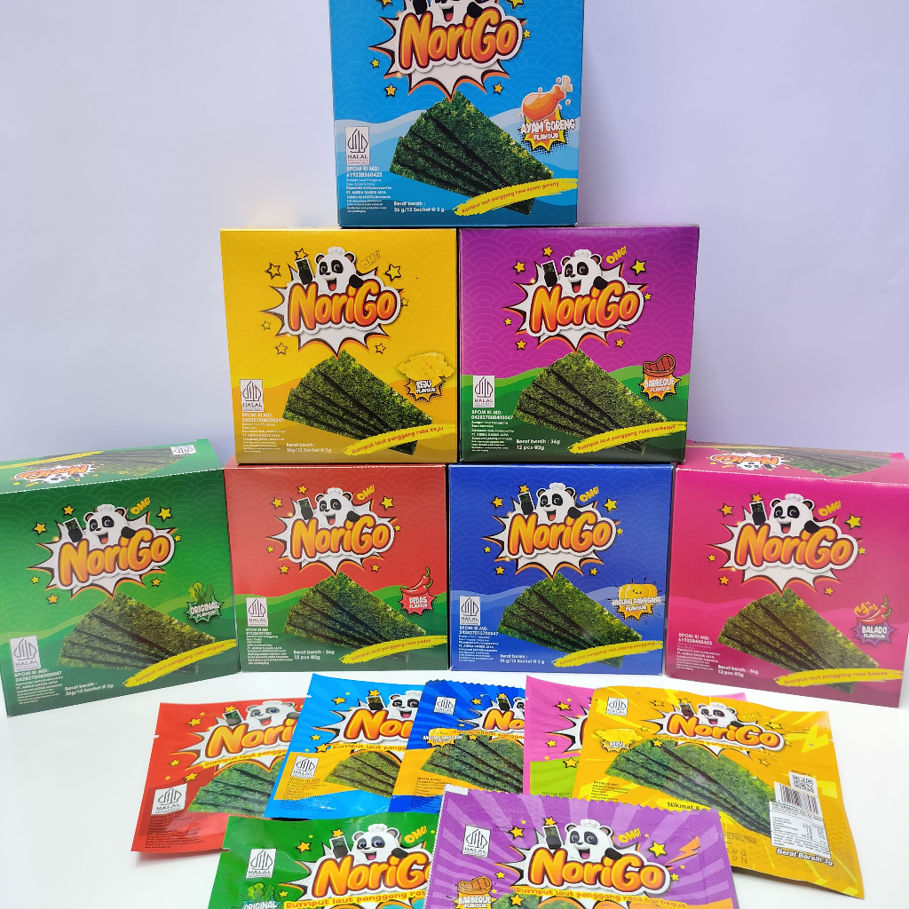 

Maknyuss1 Norigo (1 Box Isi 12 Pcs) Nori Sachet Seaweed Snack 3G Rumput Laut Nori Aneka Rasa