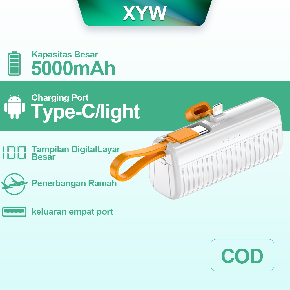 Mini Portable PowerBank 5000mAh Dengan Kabel Type-C / IOS Fast Charging