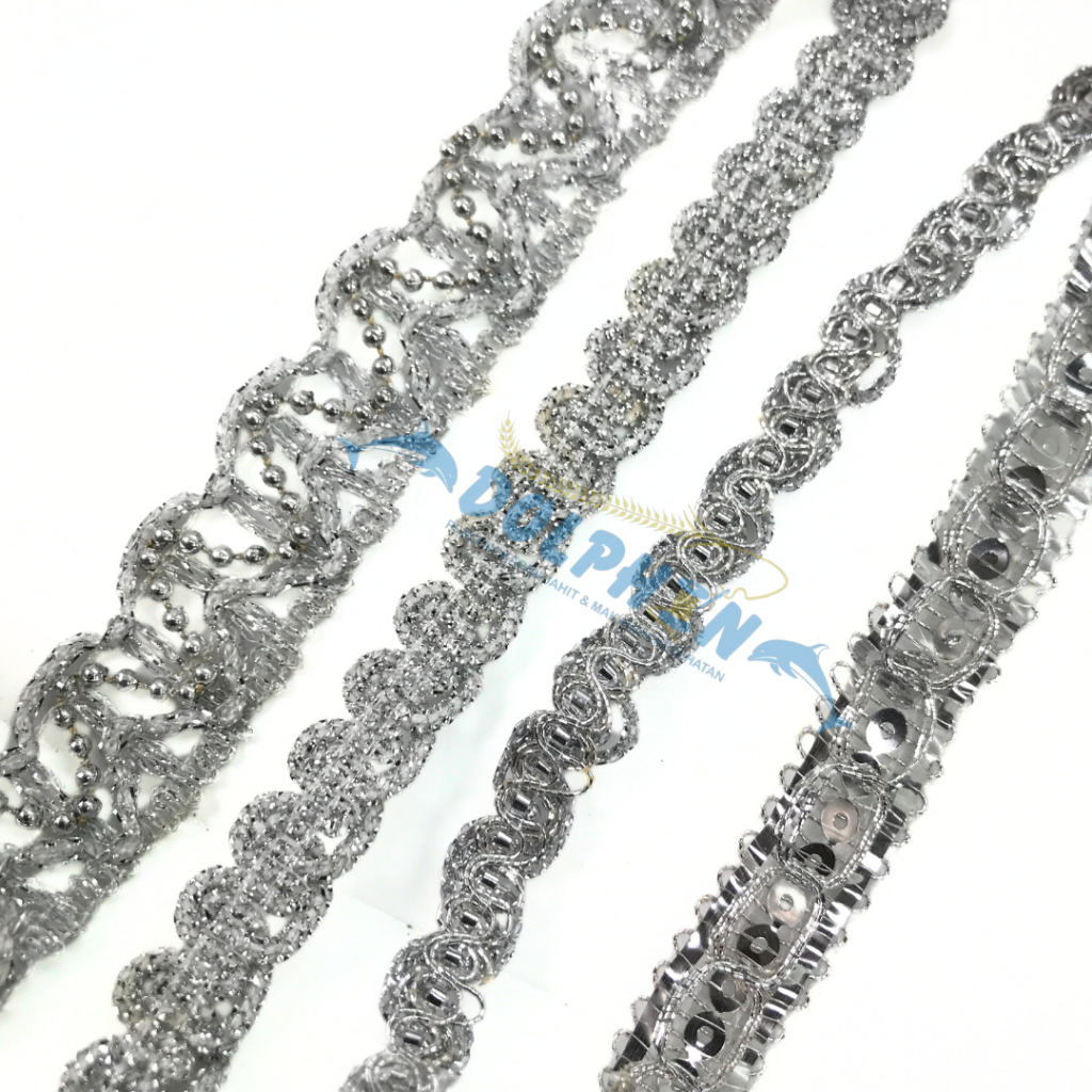 [Meteran] Renda Perak Lebar 1 - 2 cm / Perak Mutiara / Payet