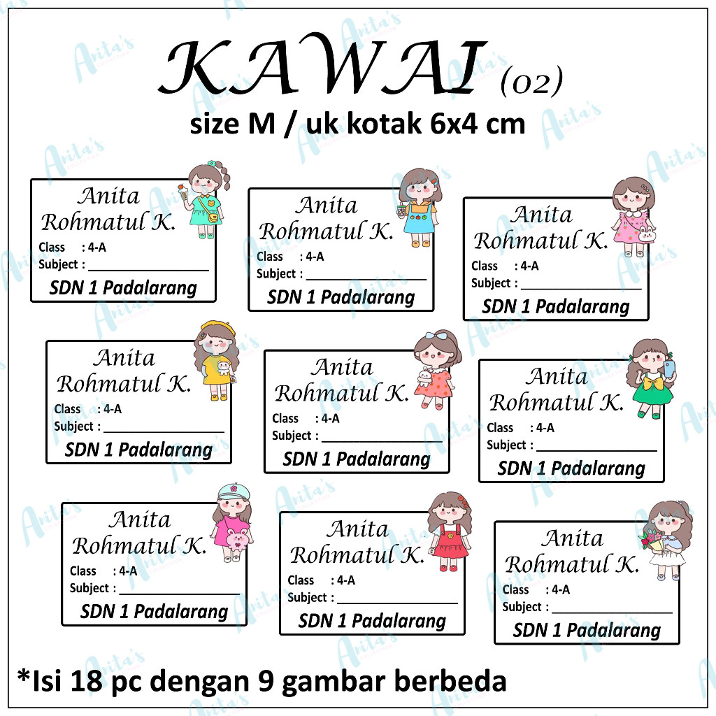 

18pc STIKER NAMA BUKU PELAJARAN ANAK SEKOLAH tema KAWAI 02 | size M / 6x4 cm | CUSTOM
