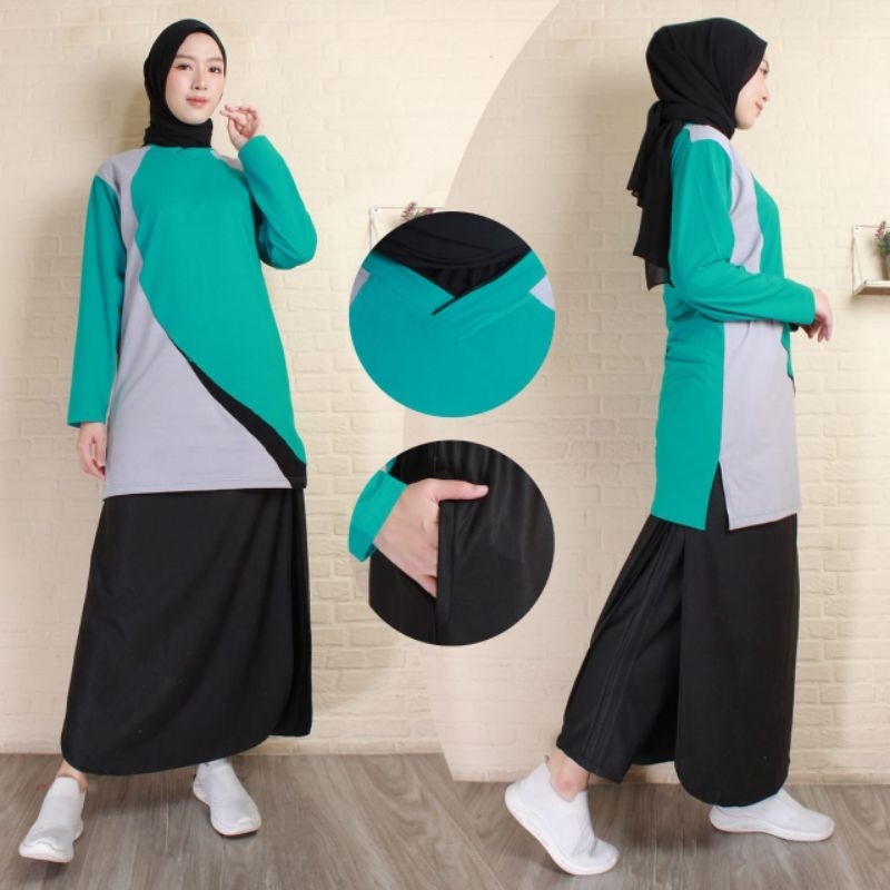 Set Rok Celana Sporty Muslimah//setelan Olahraga senam wanita muslim// Wanita Panjang Baju Katun