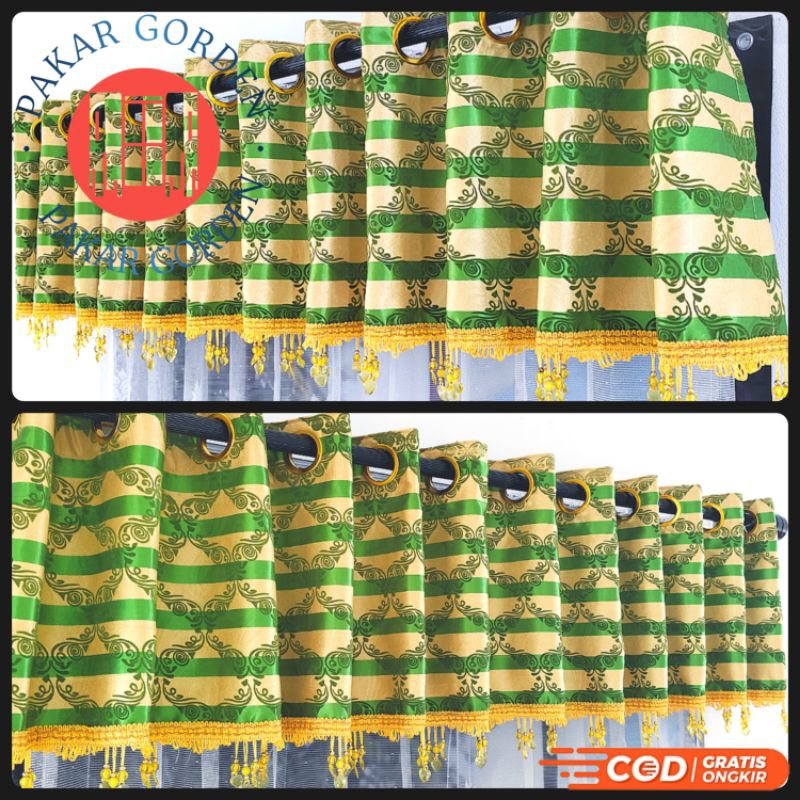 gorden poni untuk di atas pintu bahan blackout impor motif garis hijau abu model semokring 12 gelomb