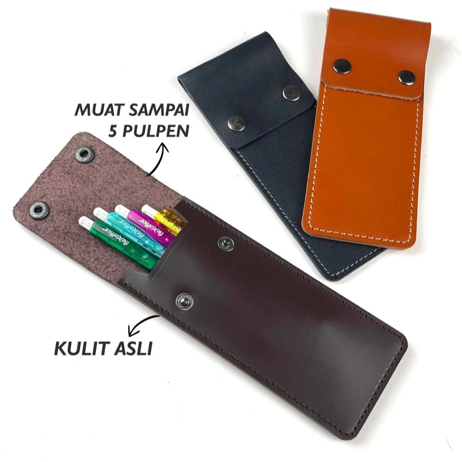 

Tempat pensil model kancing kulit kulit asli warna tan pencil case