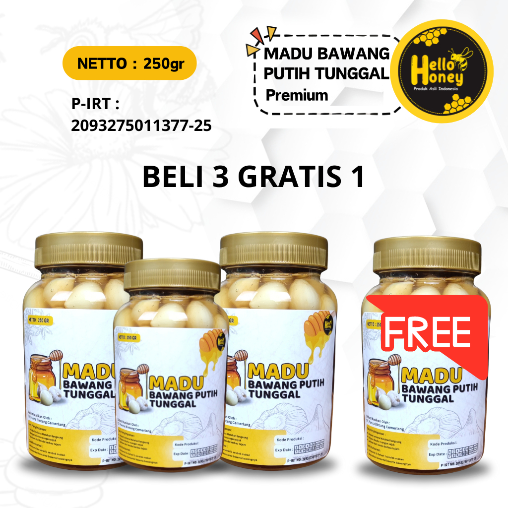 

Madu Bawang Putih Tunggal 250 Gram | Beli 3 Gratis 1