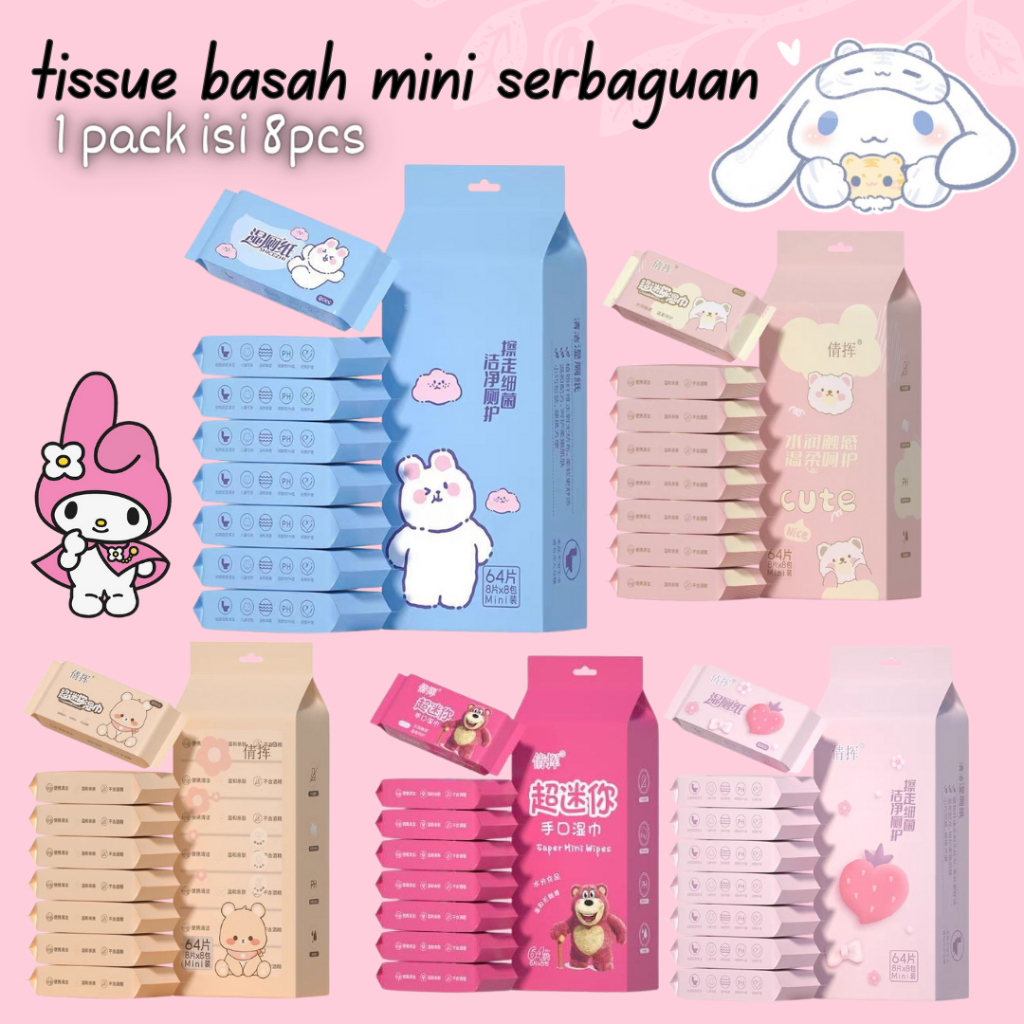 TISSUE BASAH MINI TRAVEL 8IN1 / TISSUE BASAH KARAKTER KARAKTER CARTOON LUCU  WET WIPES / WET WIPES M