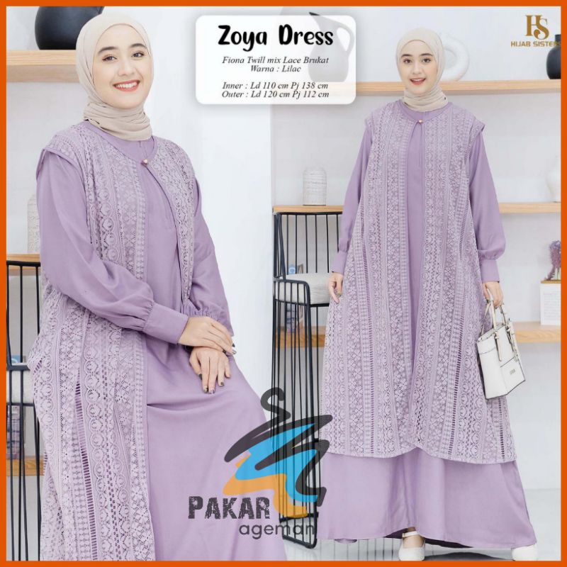 HIJAB SISTERS ZOYA DRESS Gamis Set Outer Brukat Jumbo Wanita Kekinian OOTD Kondangan LD 110