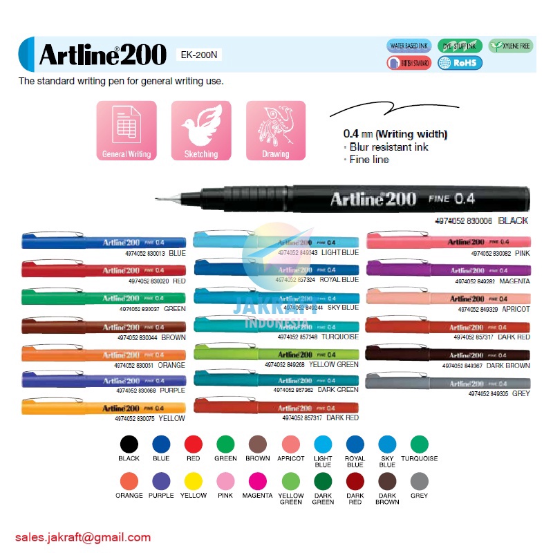 

TERLARISSS 1 Pcs Pulpen Bolpen Pen ARTLINE Fine Line EK2 Koleksi Warna Lengkap 4 mm Ballpoint Tinta Anti Kabur Water Based Ink