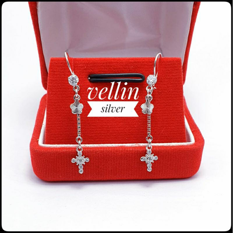 Anting Salib Wanita Silver 925 Asli Lapis Emas Putih - Anting Rumbai Salib Perak 925