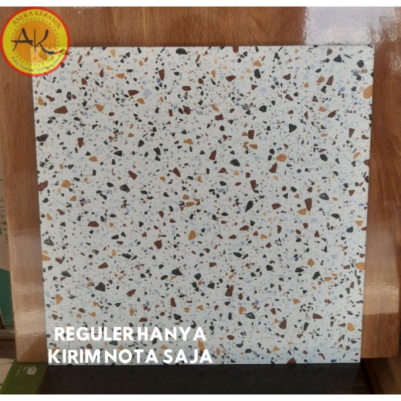 Keramik Lantai Kasar Matt Drop Teras Garasi Motif Terazzo 40x40 Platinum White