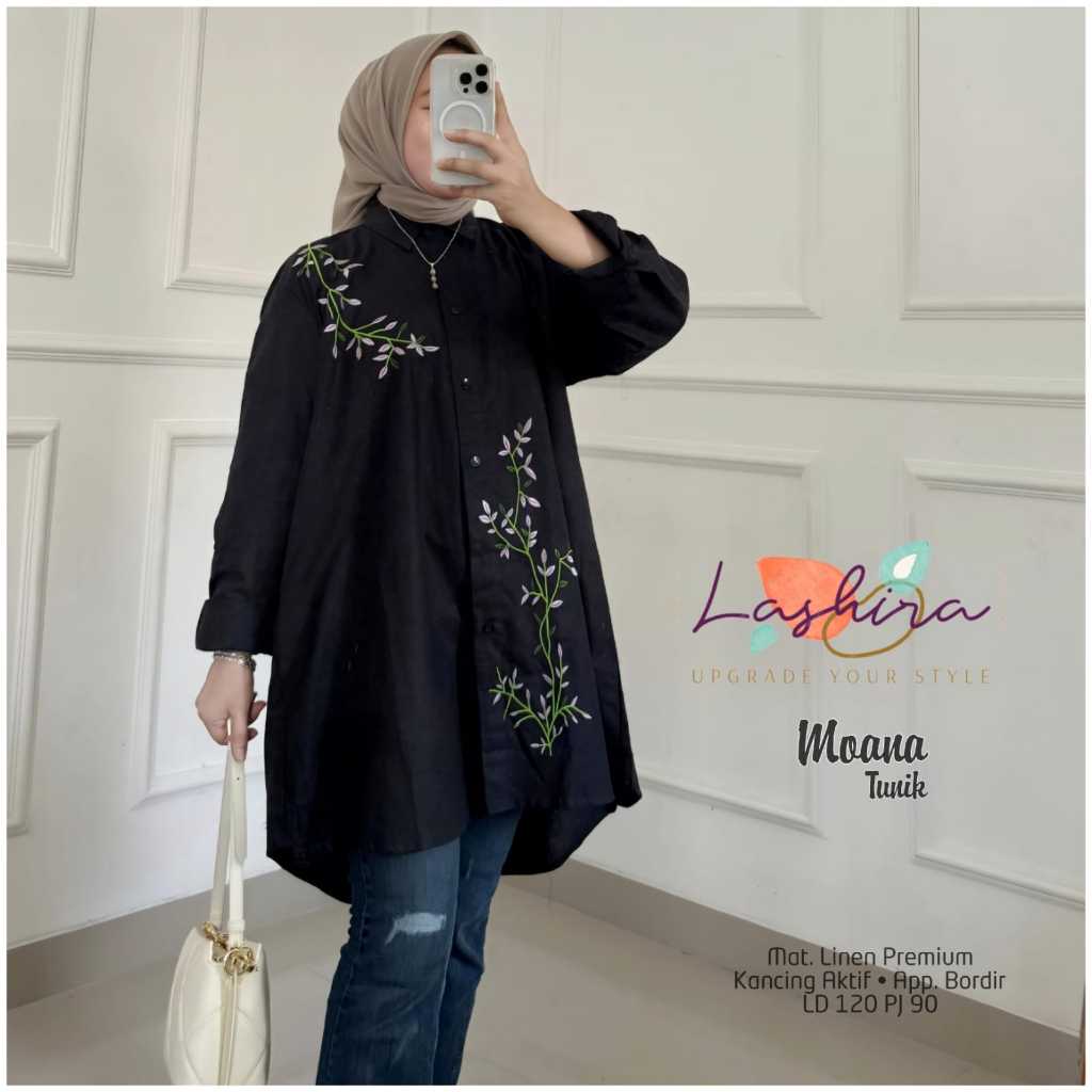 Moana baju atasan long tunic tunik kemeja wanita jumbo ld 120 linen premium kekinian terbaru 2024