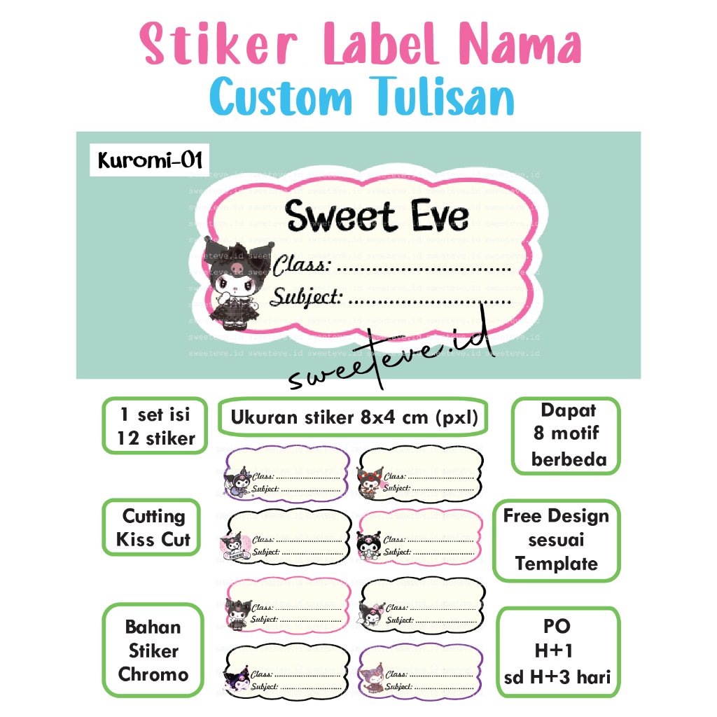 

Stiker Label Nama Chromo Mata Pelajaran Buku Sekolah Custom Tulisan ukuran 8x4 cm - Design Kuromi