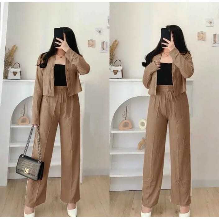 Shamela - Set Casey Premium Knit (Cardi+Pants) / Setelan Wanita Crop dan Celana Kulot