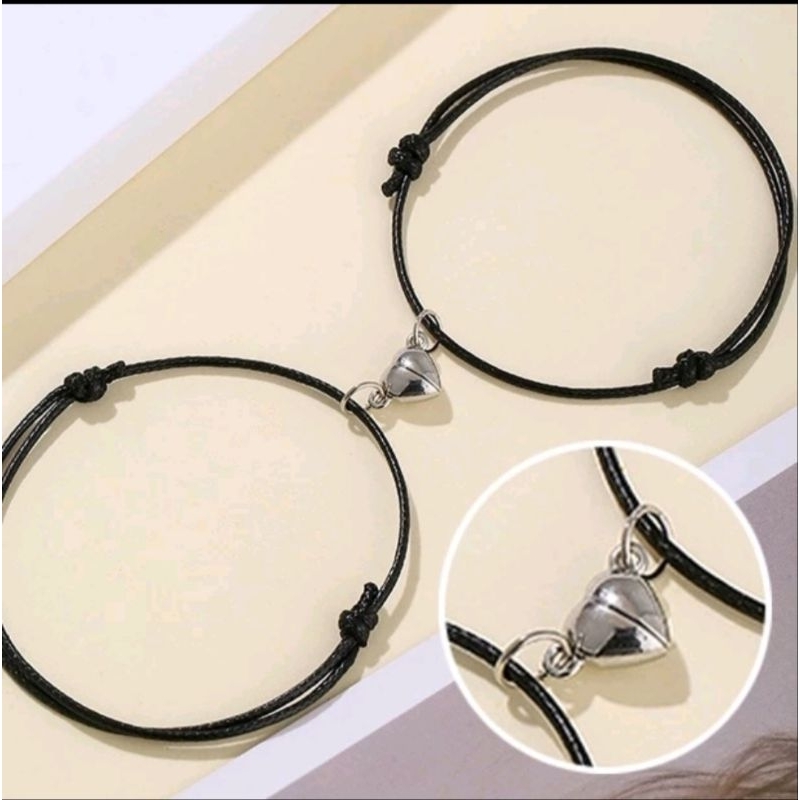 (2pcs) GELANG COUPLE HITAM MAGNET LOVE BULAT TALI KOREA HITAM