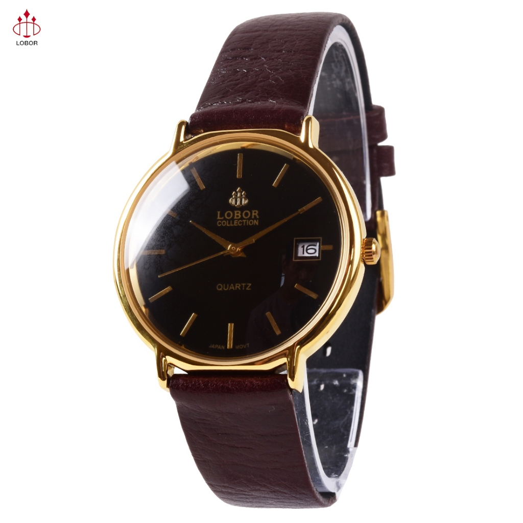 Lobor Dress Watch - Jam Tangan Analog Pria - Gold Case Black Dial Brown Leather Strap - D2703