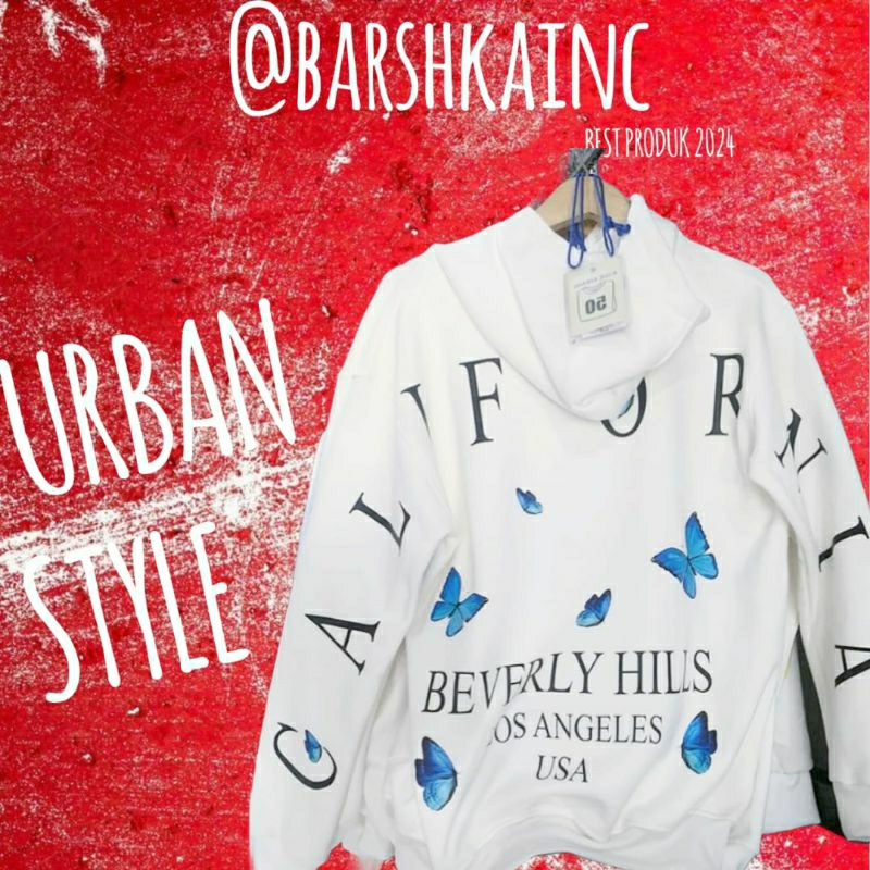 SWEATER HOODIE BOXY OVERSIZE BEVERLY HILLS WHITE HOODIE OVERSIZE PRIA WANITA