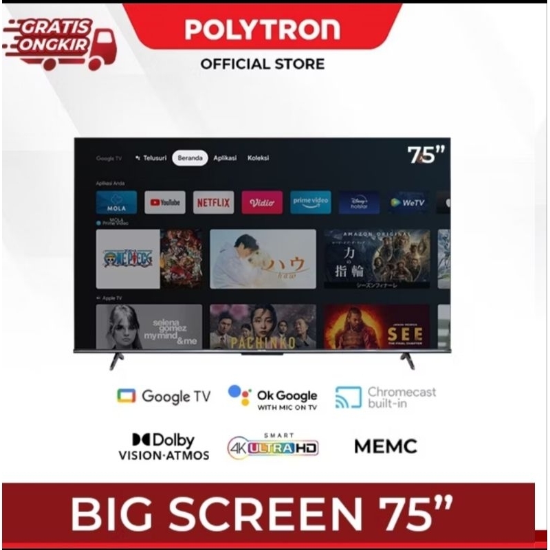 POLYTRON TV 75 INCH 4K UHD SMART ANDROID GOOGLE TV  75UG5959
