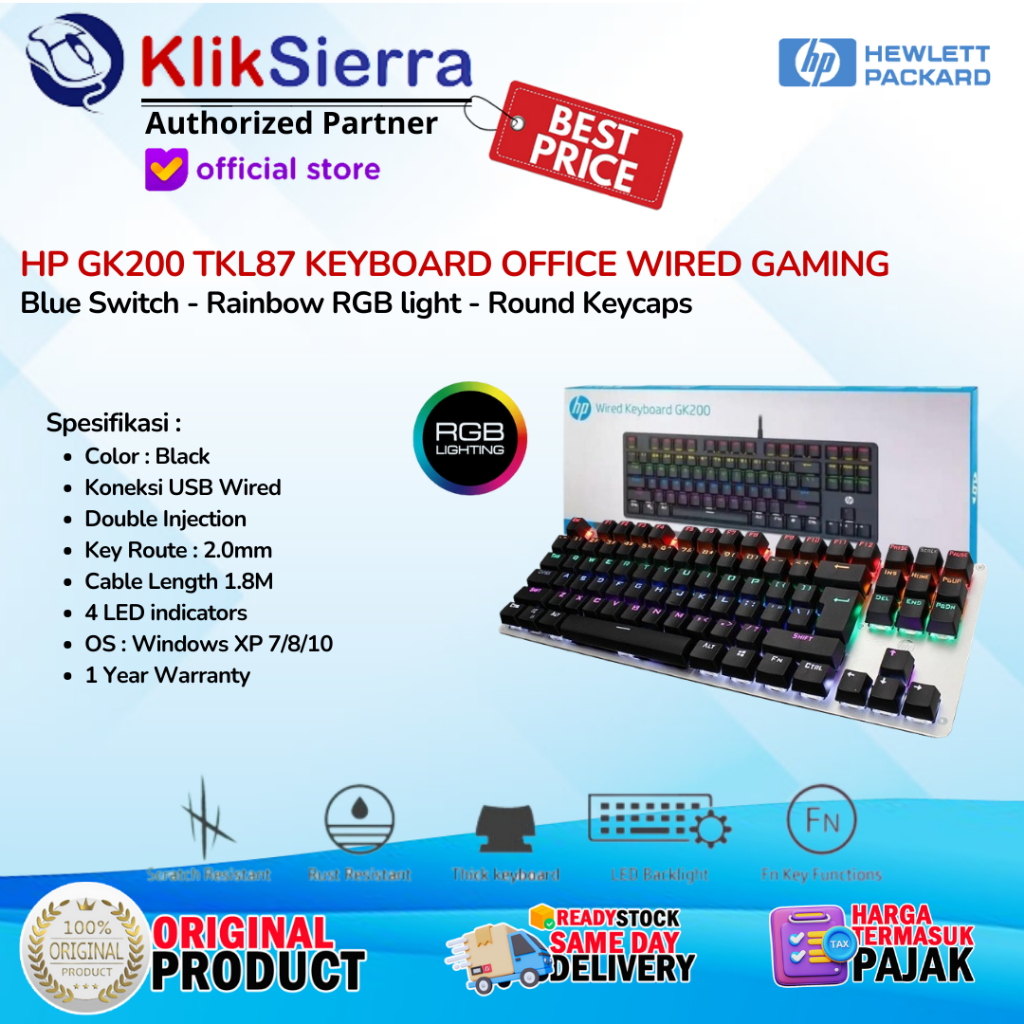 HP GK200 TKL87 Keyboard Gaming Mechanical Blue Switch, Rainbow RGB light