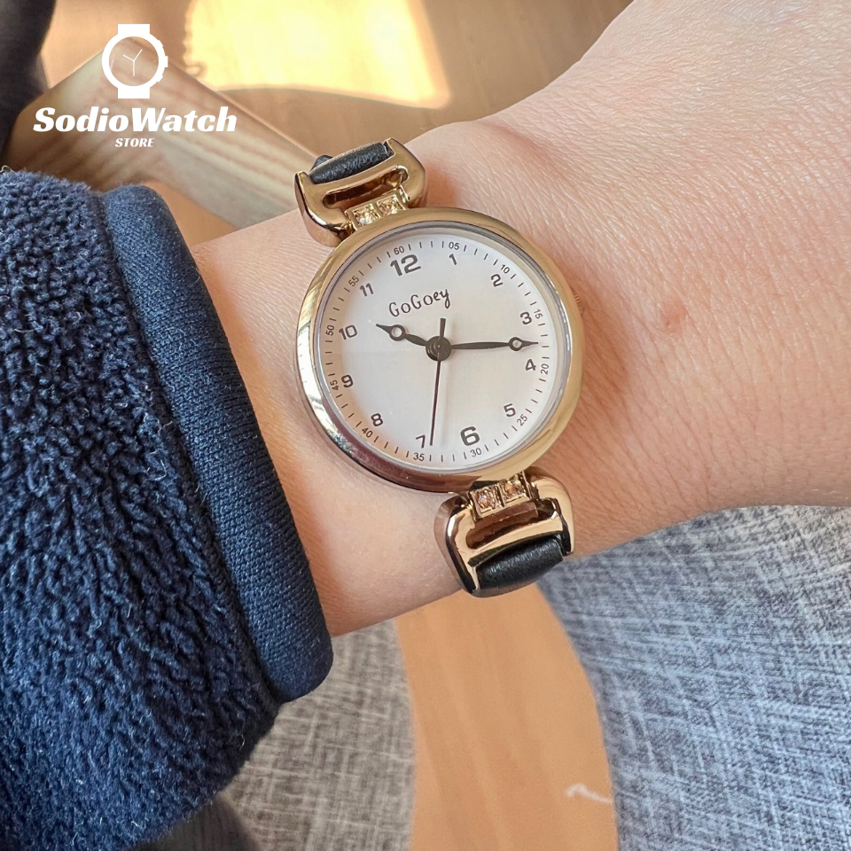 Jam Tangan Wanita Gogoey Tali Kulit Asli Analog Vintage Korea Elegant Anti Air Jam Casual Quartz Wom