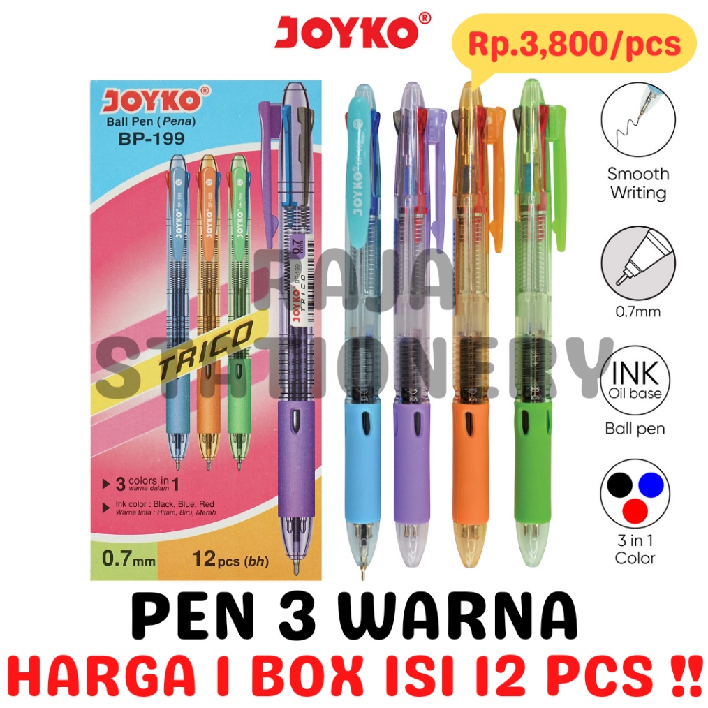 

JOYKO BALL PEN 3 COLOURS BLACK BLUE RED BOLPEN PULPEN 3 WARNA HITAM BIRU MERAH JOYKO BP199 12PCS b R8Z9