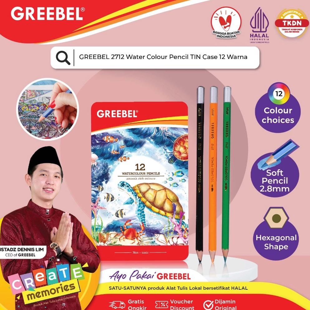 

KODE U64W GREEBEL Pensil Warna WATERCOLOR 2712 TIN CASE ISI 12 ColoringColorColour Pencils Cerah tidak beracun utk mewarnai anak