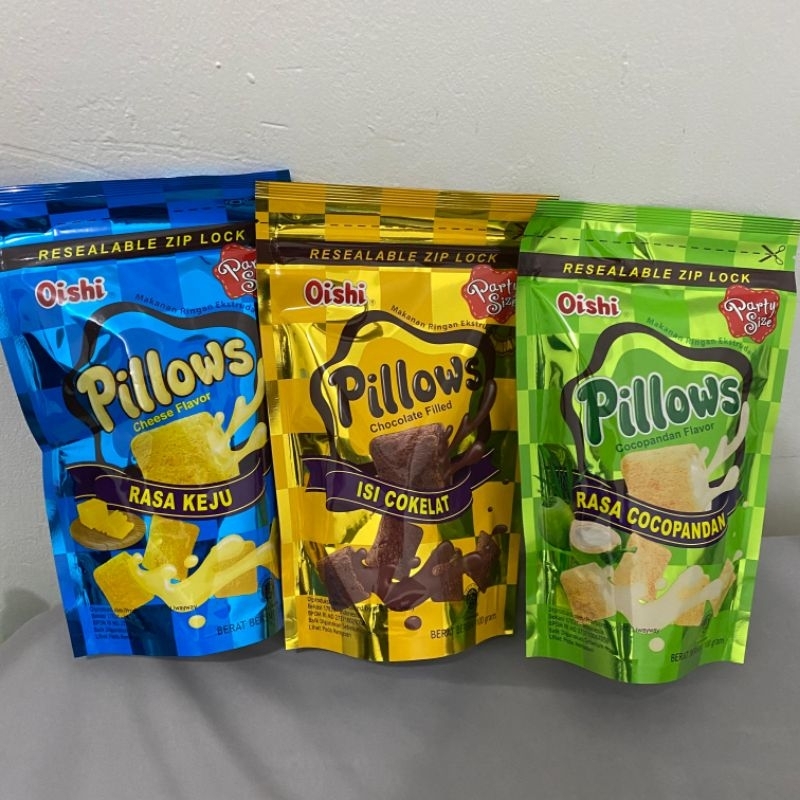 

Oishi Pillows Cokelat | Oishi Pillows Cocopandan | Oishi Pillows Keju kemasan 100 gram