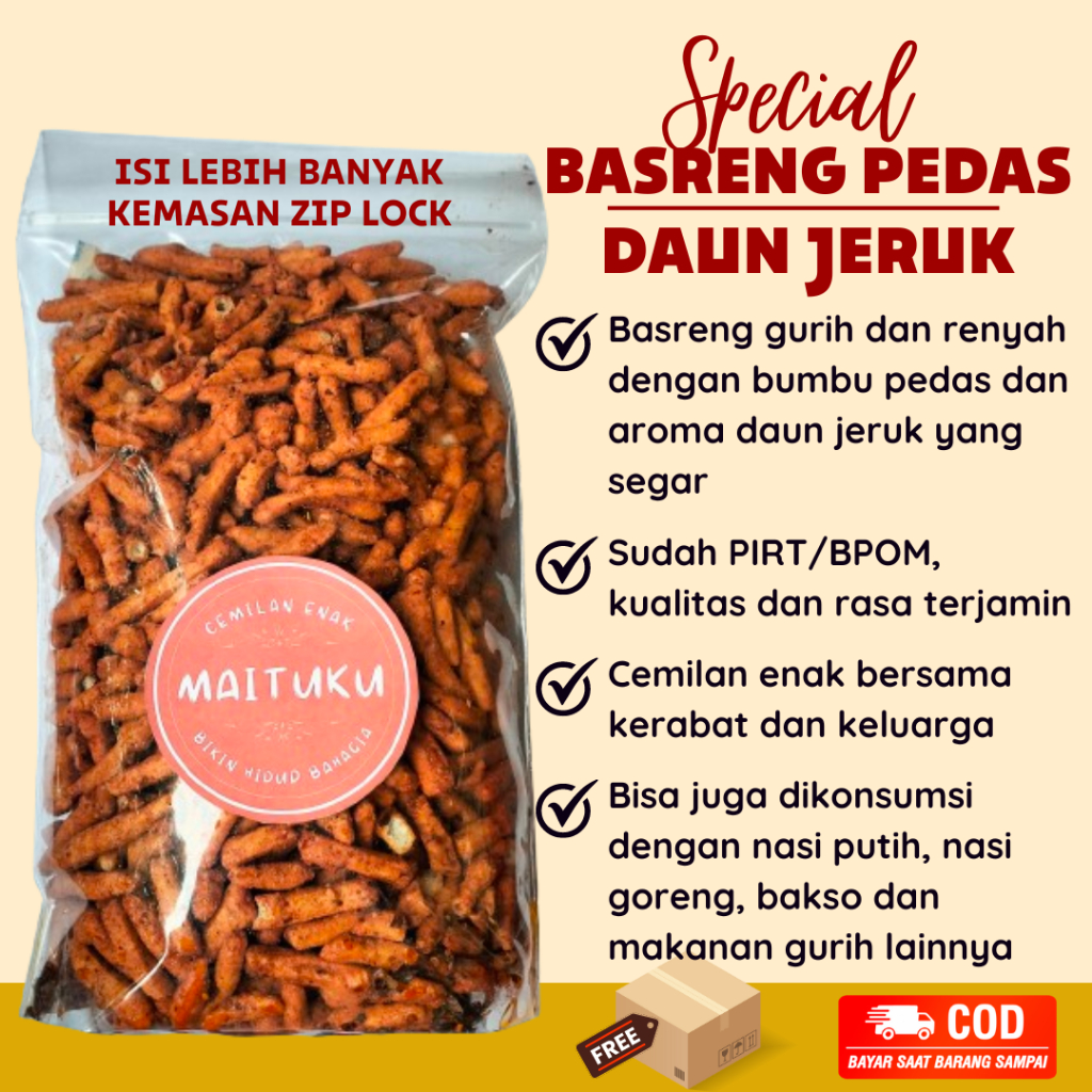 

Basreng Pedas Daun Jeruk snack kiloan makanan ringan jajanan cemilan camilan pedas manis asin