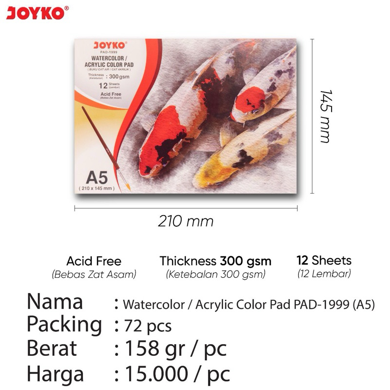 

A5 Buku Gambar dan Mewarnai Watercolor ukuran A5 PAD-1999 / Buku Gambar Acrylic Color Pad 12 halaman Joyko