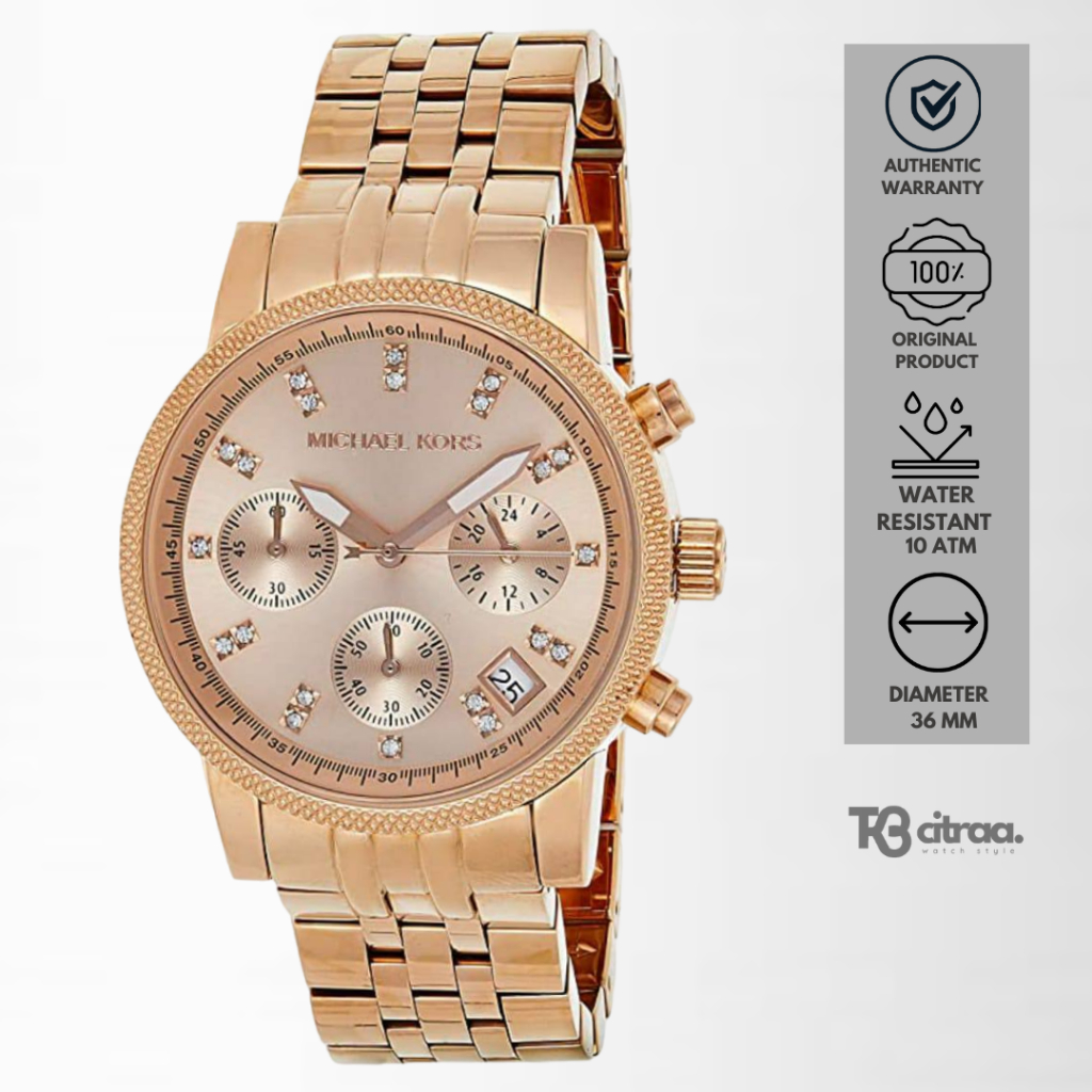 jam tangan wanita Michael Kors Ritz analog strap rantai cewek chronograph Rosegold stainless steel w