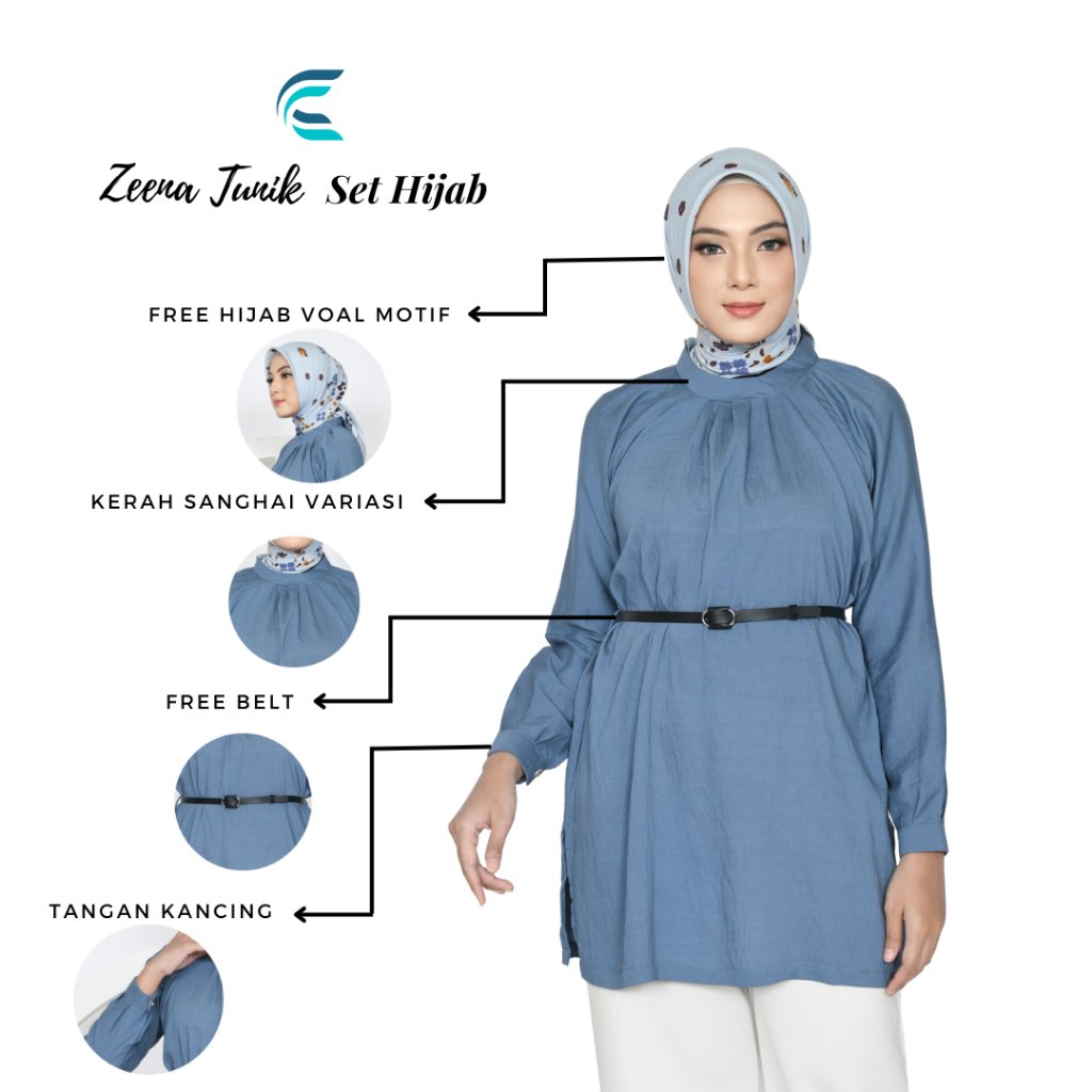 Zeena Tunik Wanita | Tunik Set Hijab Voal Motif Polo Linen Premium Import
