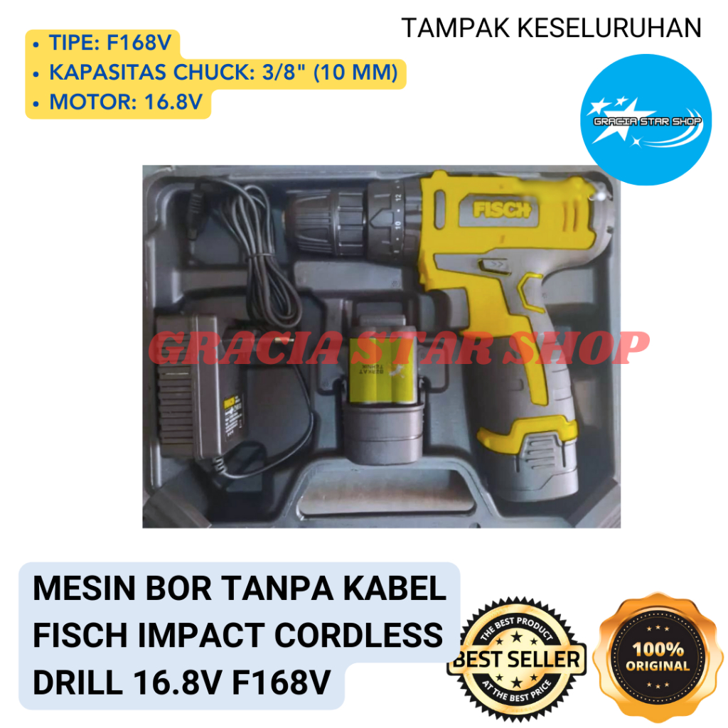 Mesin Bor Tanpa Kabel FISCH IMPACT CORDLESS DRILL 16.8V F168V Original Berkualitas - GRACIA STAR SHO