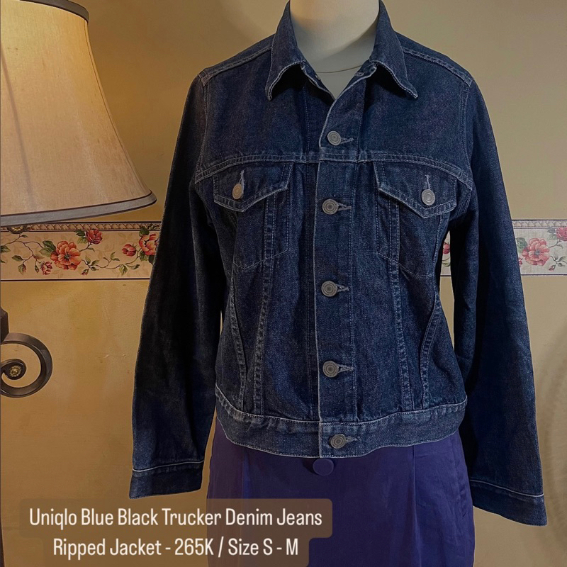 Uniqlo Blue Black Trucker Denim Jeans Ripped Jacket