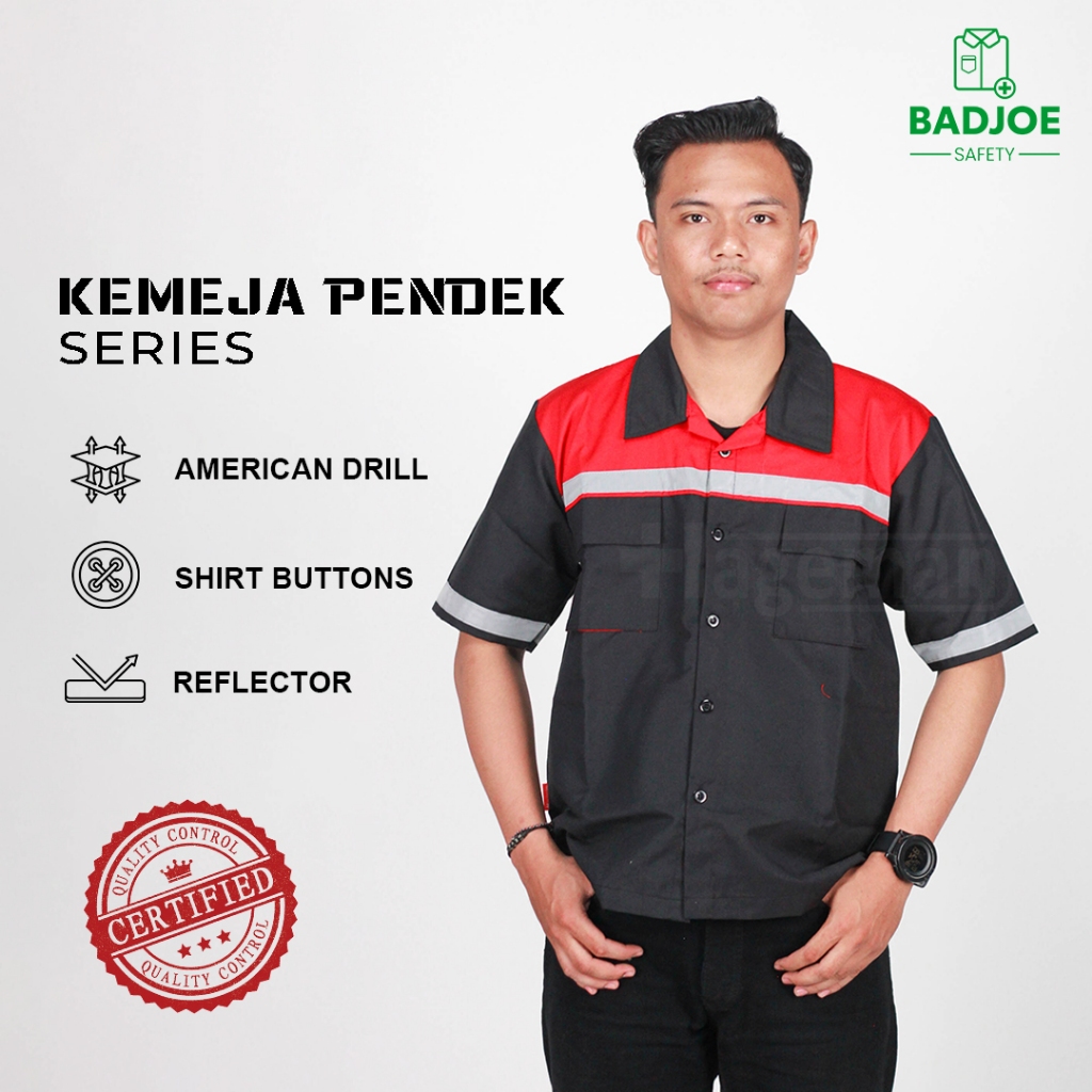 Wearpack Safety Lengan Pendek Warna Merah Kombinasi Hitam
