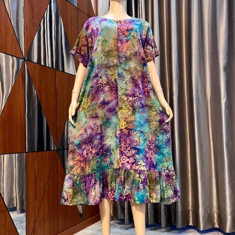 daster GISKA batik cap export pelangi gradasi warna zipper depan ruffle rempel