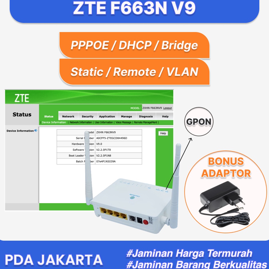 KODE T27G ROUTER MODEM ONU ZTE F663N ZXHN F663N V9 GPON BONUS ADAPTOR