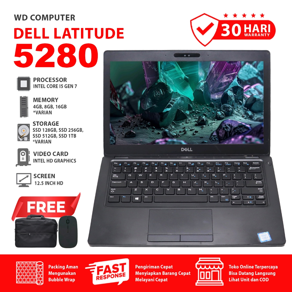 Laptop Dell 5280 Intel Core I5 Gen 7 RAM 8GB SSD 128GB 12inch Hitam Kecil Bergaransi