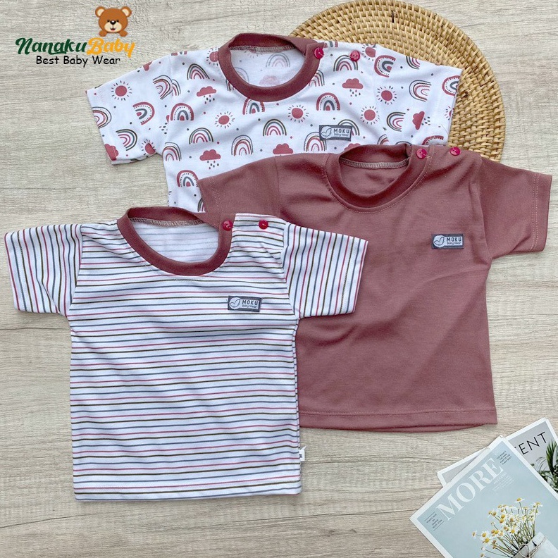 KODE B86C Nanaku Baby  Isi 3 PCS Baju Bayi Kaos Oblong Kancing Pundak Series Dusty Pink Usia 18 Bula