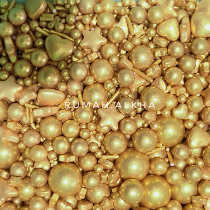 

Mix Gold 2 - Bintang Hati Emas - Sprinkle - Spikel - Tirmit - Hiasan Kue - Cupcake - Kue Tart