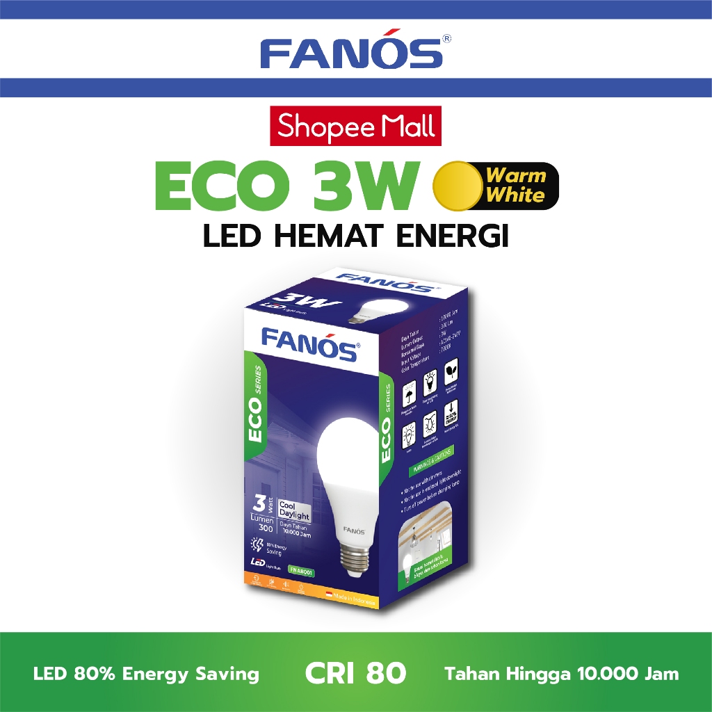 Fanos Eco 3W Cahaya Kuning Warm White Lampu LED Bohlam Bergaransi