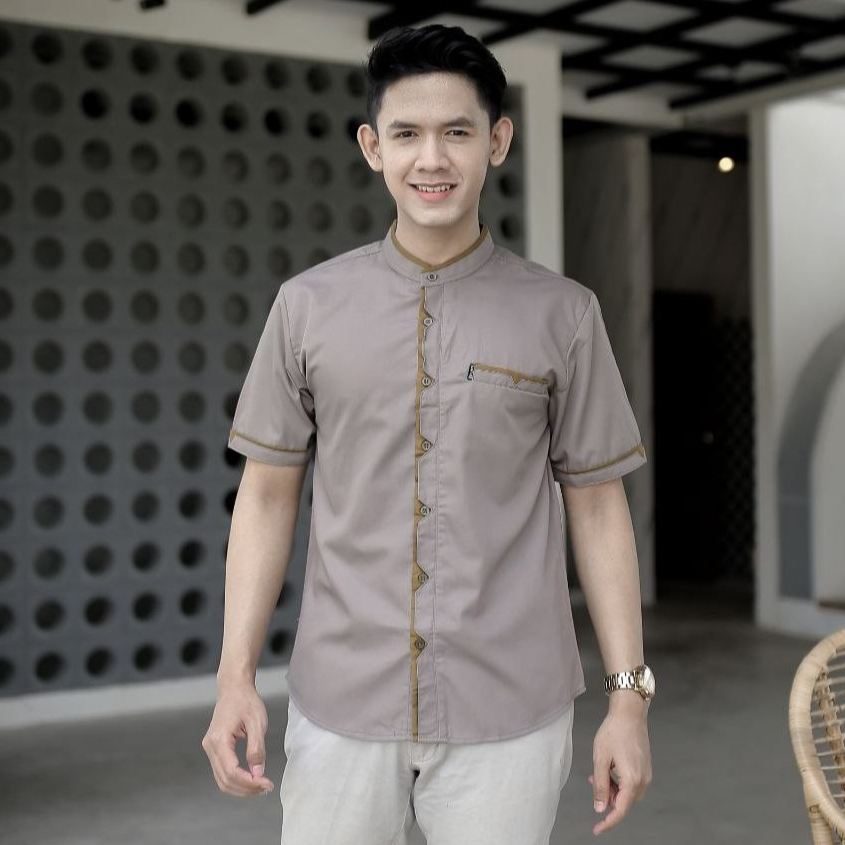 Baju Koko Pria Dewasa Lengan Pendek Elrumi Motif Saka Warna Mustard Abu Biru Muda