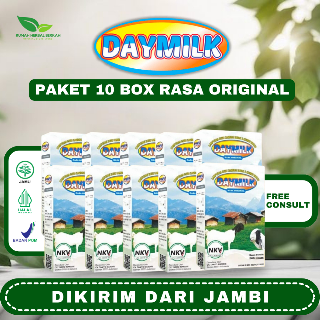 

Daymilk (Paket 10 BOX) - Susu Kambing Etawa Cegah Osteoporosis, Atasi Nyeri Sendi, Rematik, Jaga Kesehatan Tulang dan Sendi, Asam Urat, Sesak Napas dan Gangguan Pernapasan, Manambah Imunitas Tubuh, Aman Busui dan Bumil - 200 Gram HALAL Jambi