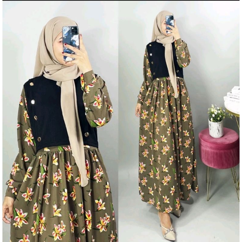 gamis amelia dress kombinasi motif bunga