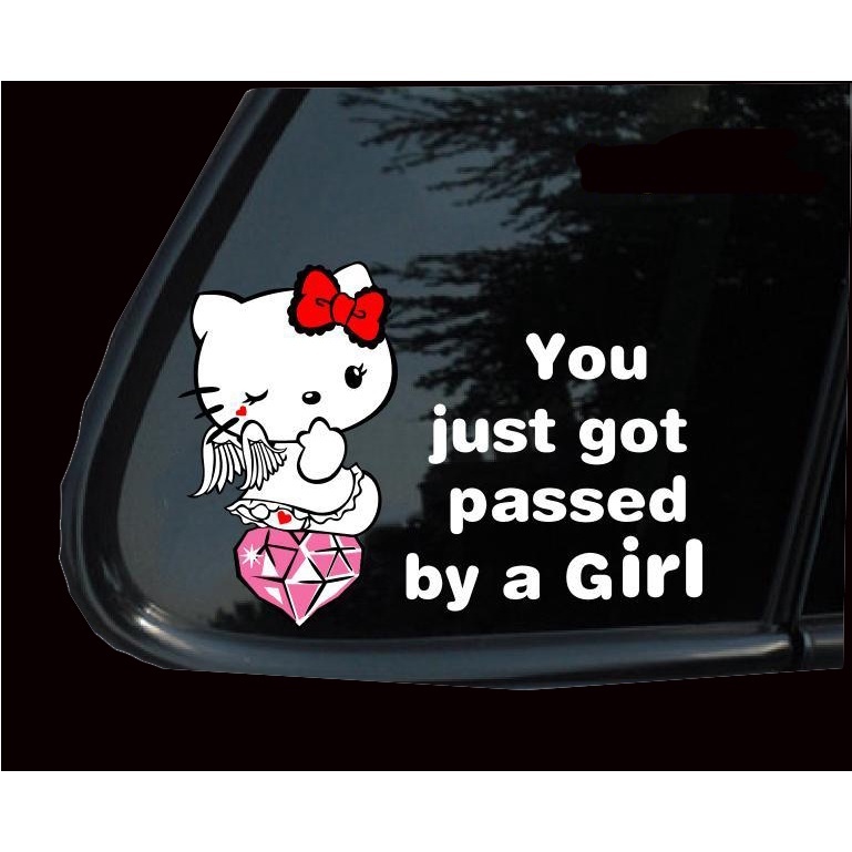 SINDEH GRAPHICA CUTTING STICKER MOBIL HELLO KITTY STIKER KACA MOBIL MELEDEK "KAMU DI DAHULUI CEWEK?"