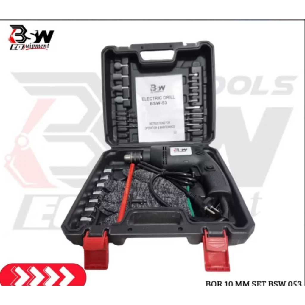Mesin Bor Listrik 10mm 350W Bolak Balik Set dengan Koper Perlengkapan Bor Tangan